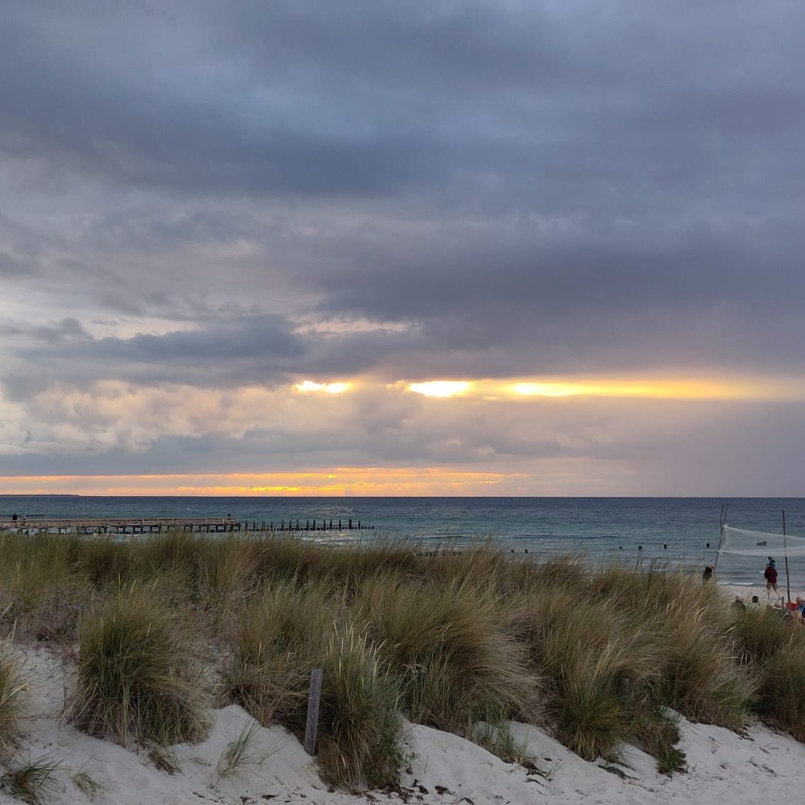 Der Strand von Zingst Dünenlandschaft mit Gras und einem bewölkten Himmel über dem Meer beim Sonnenuntergang in Zingst.