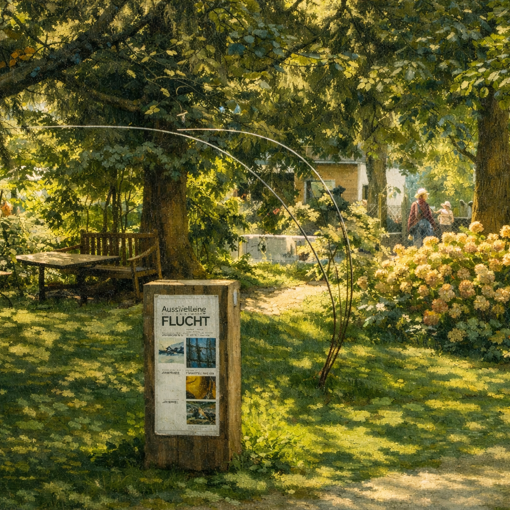 Der Garten Ein schöner Garten mit Blumen, Bäumen und einem Schild zu einer Ausstellung