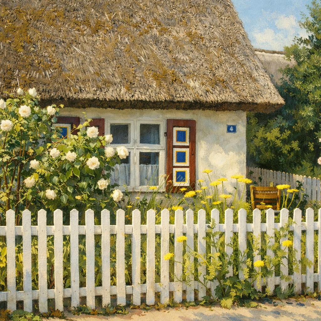 Das Ferienhaus Reetdachhaus mit bunten Fensterläden, umgeben von Blumen und einem weißen Zaun.