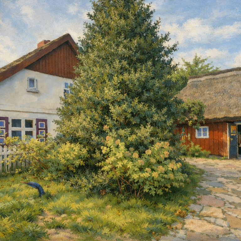 Der Ort Lisbet Das traditionelle Kapitänshaus mit Reetdach und einem großen Baum im Vordergrund.
