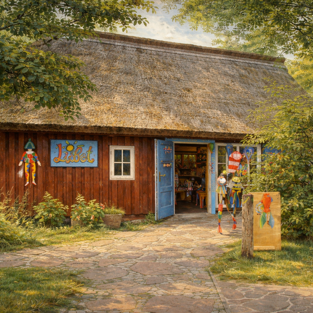 Spielzeugladen Geschäft im traditionellen Reetdachhaus und bunten Dekorationen im Freien.